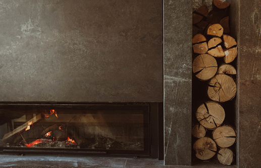 Modern fireplace with logs