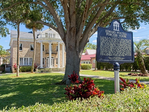 Cocoa, Florida - USA, March 16, 2023. Edward Postell Porcher House, a historic building in downtown Cocoa Village Florida. A neo classical revival architecture made of coquina stone. The building was used as a home, hotel, town government offices and museum.