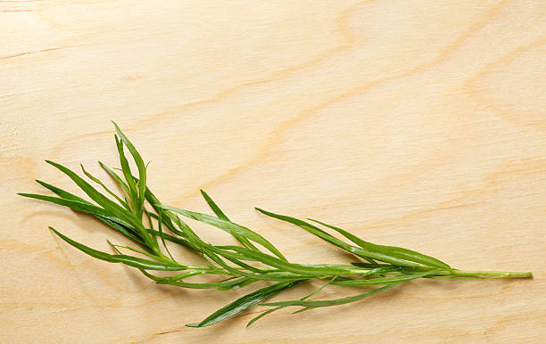 Tarragon twig Macro of fresh tarragon over chopping board tarragon cutting board vegetable herb stock pictures, royalty-free photos & images