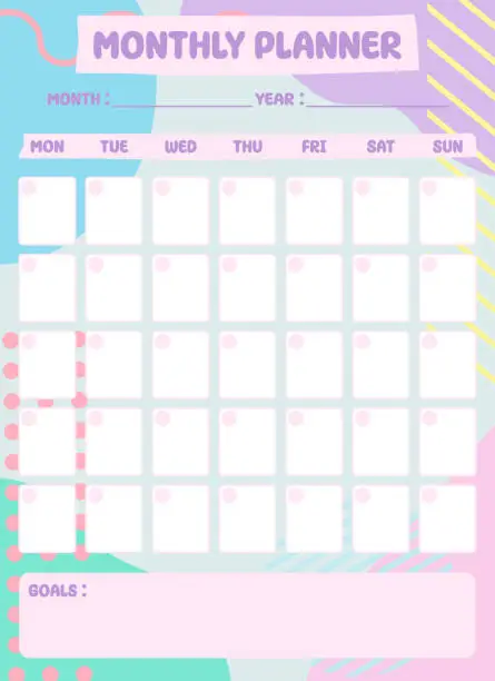 Vector illustration of Monthly planner template with colorful hand drawn geometric background. Flat style. Vector