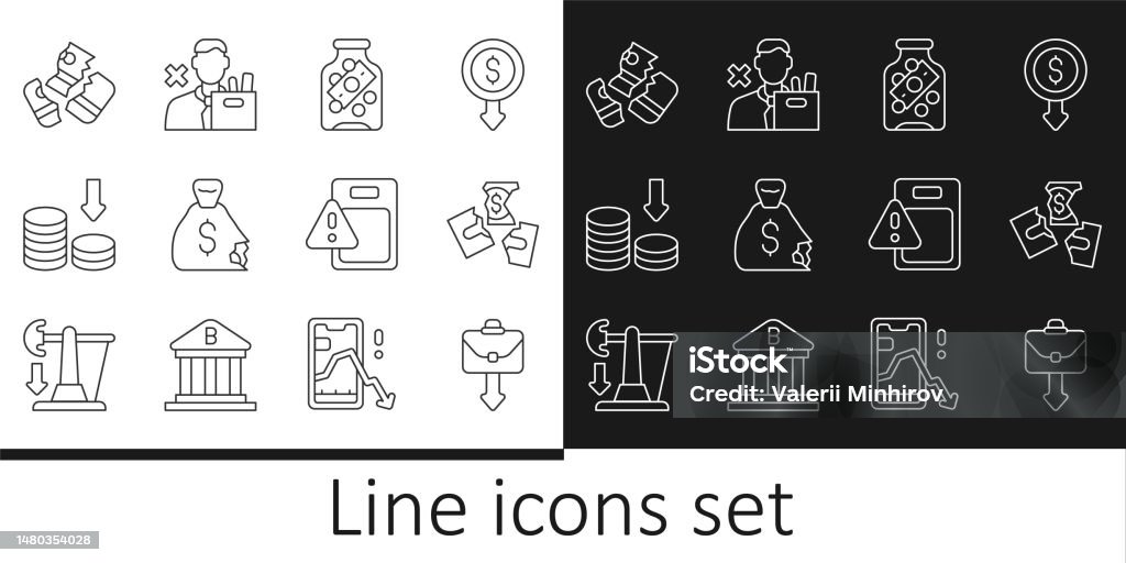 Set Line Briefcase Tearing Money Banknote Glass Jar With Coin Money Bag ...
