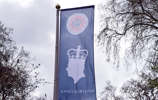 London, UK - April 6 2023: King Charles III banner in Russell Square, which has been installed ahead of the coronation.