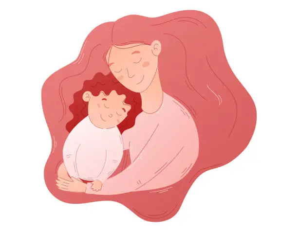 Vector illustration of Cute flat portrait of Hugging Mother and Daughter. Vector cartoon illustration of a happy Parent with a Child. Maternal Love and care.