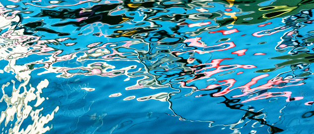 Yellow, blue, red reflection on the water at night of town