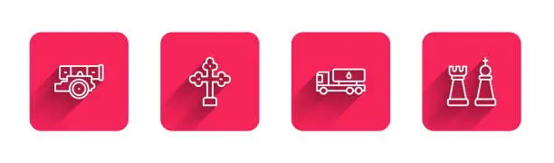 Vector illustration of Set line Cannon, Christian cross, Tanker truck and Chess with long shadow. Red square button. Vector