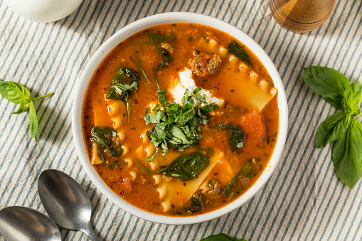 Italian Homemade Lasagna Soup with Basil and Cheese