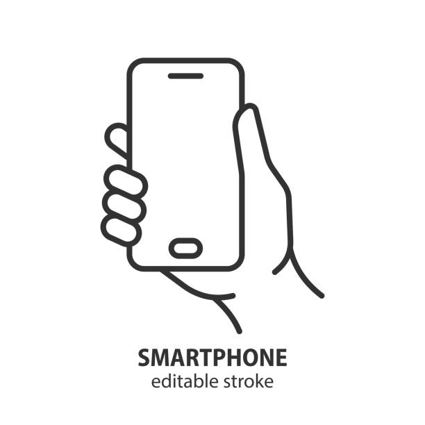 illustrations, cliparts, dessins animés et icônes de icône de ligne de smartphone. téléphone portable dans le symbole vectoriel à contour de la main. trait modifiable. - tenir