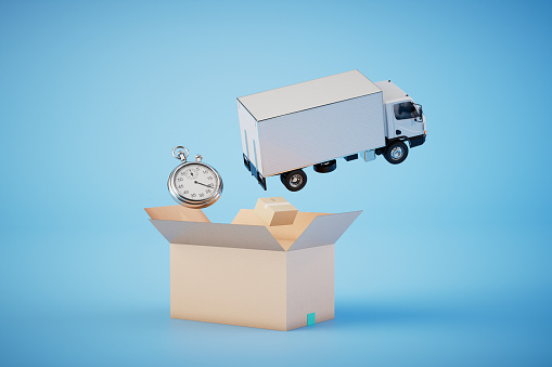 fast delivery of parcels. an open box in which the stopwatch is next to the track on a blue background. 3D render.