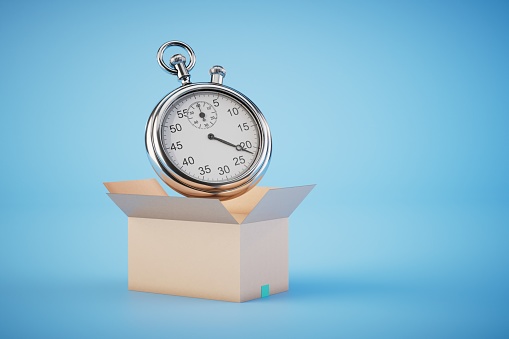 the concept of fast delivery. an open box in which a stopwatch on a blue background. 3D render.