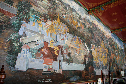 Historical paintings at the Temple of the Emerald Buddha and Grand Palace Bangkok, Thailand