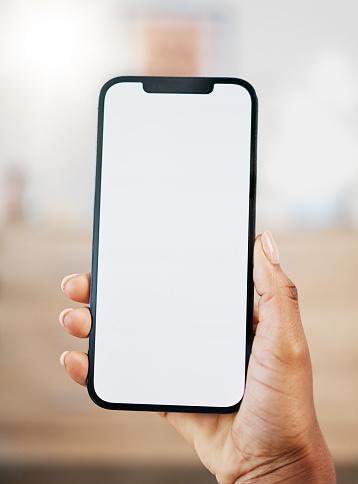 Mockup screen, black woman or hand on smartphone for communication, marketing advertising or networking with white background. Digital, space or girl with phone for social media, website or internet