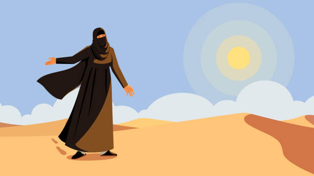 ilustraciones, imágenes clip art, dibujos animados e iconos de stock de mujer musulmana en el desierto - nikab veil islam arabia