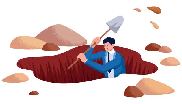 Vector illustration of Businessman Digging Hole on White