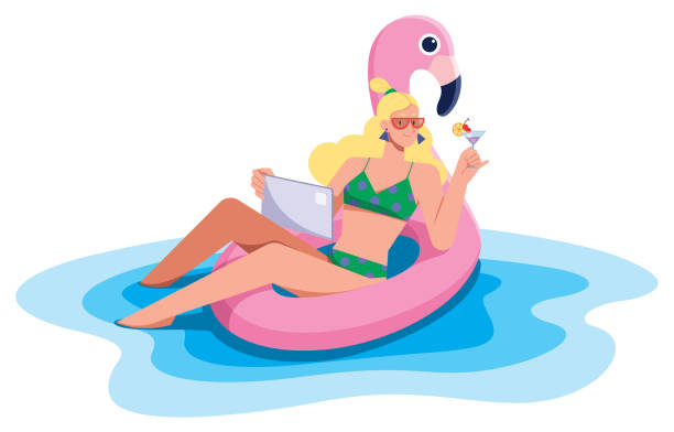 freiberuflerin frau im pool isoliert - swimming pool women floating on water bikini stock-grafiken, -clipart, -cartoons und -symbole