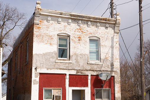 Buda, Illinois - United States - March 28th, 2023: Downtown building and storefront in Buda, Illinois, USA.