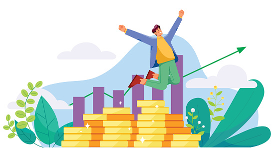 Flat style illustration with man jumping of joy after collecting profits from successful trade or investment.