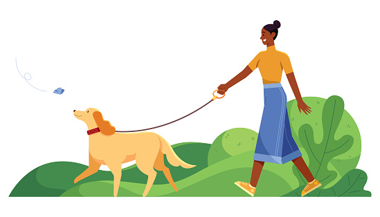 Flat design illustration with young woman walking her dog in the park.