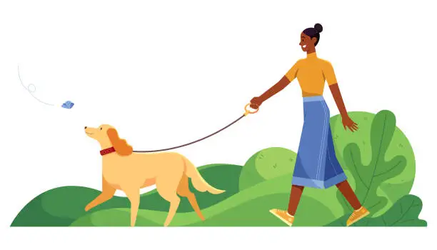 Vector illustration of Black Woman Walking Dog