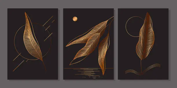Vector illustration of Set of luxury gold wall art. Golden leaves, linear branches, tropical leaf.