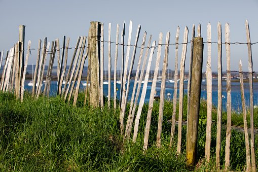 Part of a series of weathered structures made of wood.  The picture was taken at low tide along the mud banks of Chichester harbour in West Sussex.  A simple wooden fence with the boat and the harbour in the background.