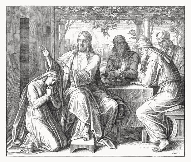 stockillustraties, clipart, cartoons en iconen met jesus' anointing (luke 7, 36-50), wood engraving, published in 1860 - zalf tekening
