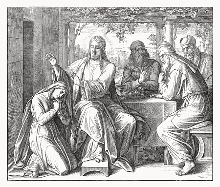 Jesus' anointing by the sinner (Luke 7, 36 - 50). Wood engraving by Julius Schnorr von Carolsfeld (German painter, 1794 - 1872), published in 1860.