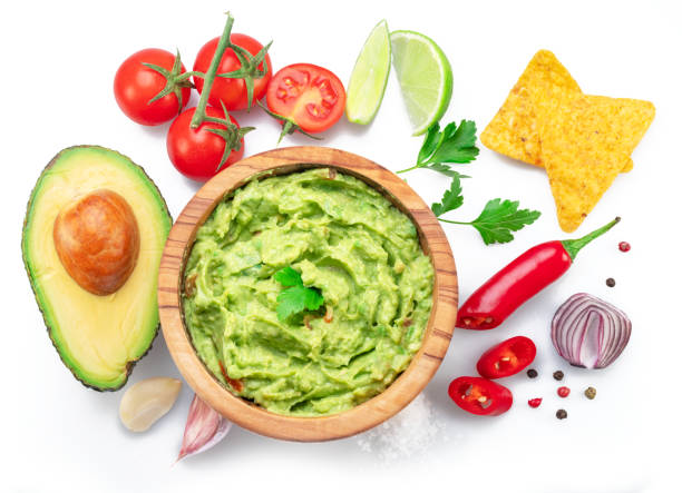 istock Guacamole and guacamole sauce ingredients isolated on white background. Top view. 1480376530