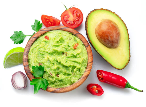 istock Guacamole and guacamole ingredients on isolated on white background. Flat lay. 1480377149