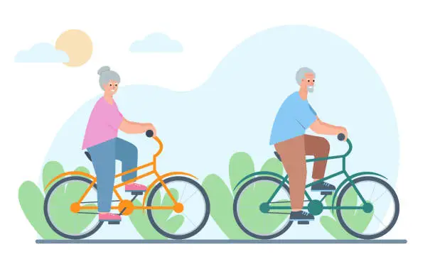 Vector illustration of Elderly man and woman cycling. Senior couple of old people riding bikes. Active and healthy lifestyle concept.