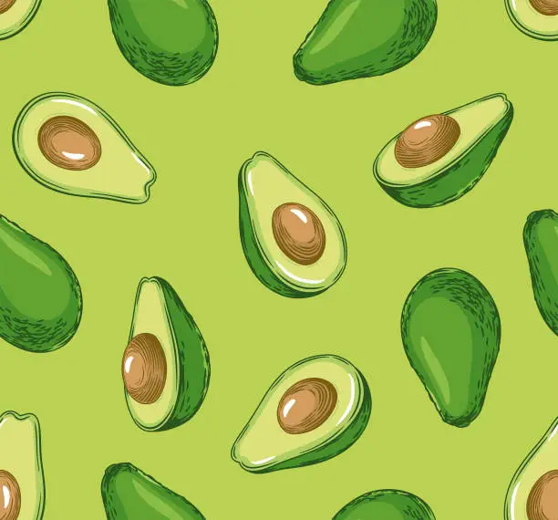 Vector illustration of Seamless pattern with avocado. Healthy vegan food. Vector hand drawn illustration for textile, food packaging and cosmetics.