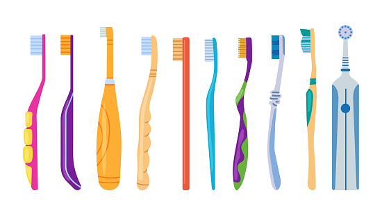 Large set of mouth cleaning tools. Various toothbrushes. An electric toothbrush. Dental hygiene, oral care concept. Vector illustration.