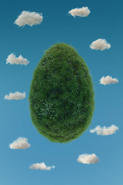 istock 3D rendering of a large egg shape covered by grass and flower meadow in front of blue sky. Happy easter concept 1480385022