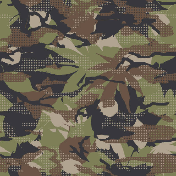 Seamless camouflage dots pattern wallpaper background Seamless khaki green and brown camouflaged leaves abstract textured half tone patterns wallpaper vector background illustration leaves camouflage stock illustrations