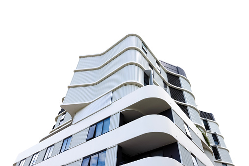 New modern apartment building, low angle view, Sydney Australia, white background with copy space, full frame horizontal composition