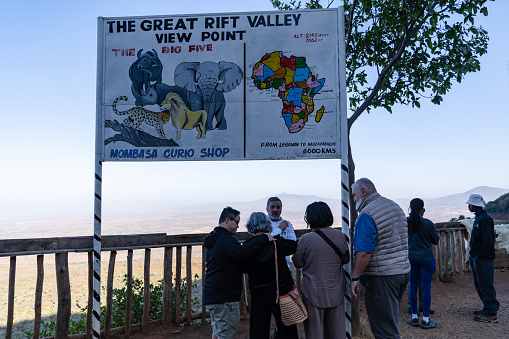 Escarpment, Kenya, Africa - March 3, 2023: Tourists gather and enjoy the Great Rift Valley viewpoint