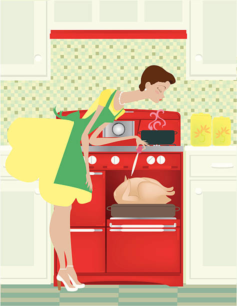 Vintage Woman Cooking Turkey A 50's style woman basting a turkey. retro 1950s kitchen stock illustrations