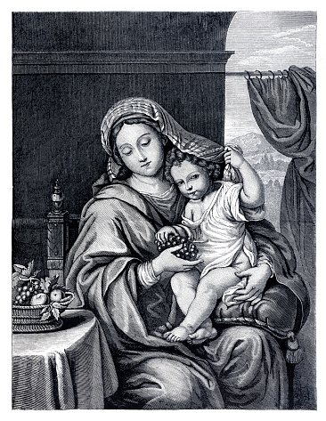 Pierre Mignard I  ( 1612–1695  )	
The Virgin of the Grapes 1640
Madonna of the Grapes highlights the tenderness and unity Mary had with her Son Jesus.
Original edition from my own archives
Source : Correo de Ultramar 1882