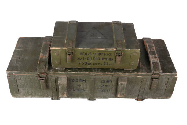 istock Army ammunition stack of green crates. Text in russian - type of ammunition, projectile caliber, projectile type, number of pieces and weight. 1480422878