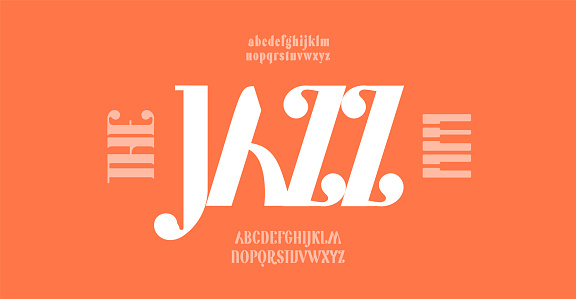 Jazz logo font, fashion minimal alphabet, elegant typeface. Bold high serif letters for luxury logo and headline. Classic vector typography.
