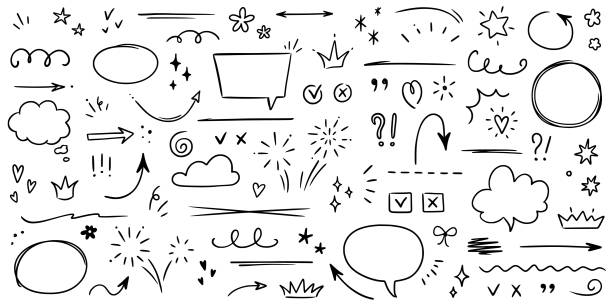sketch underline, emphasis, arrow shape set. hand drawn brush stroke, highlight, speech bubble, underline, sparkle element. vector - çizim stock illustrations