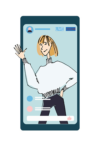 young man, girl waving hand from phone screen. line illustrations, Flat style, isolated vector element, hand lettering
