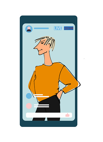 young man, girl waving hand from phone screen. line illustrations, Flat style, isolated vector element, hand lettering