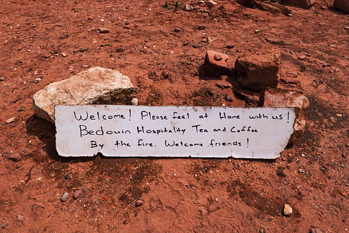 Petra, Jordan A welcome sign by local Bedouins inviting tourists in for tea.