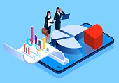 istock Data analysis, financial statement or accounting, business revenue or investment budget with marketing profit, tax, budget or marketing strategy, isometric businessman and pie chart data report on smartphone 1480433152