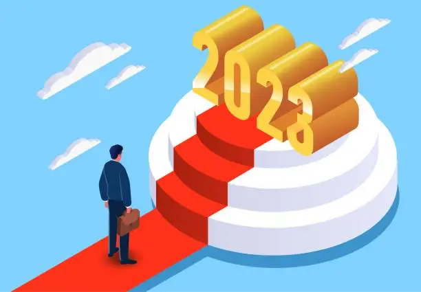 Vector illustration of Successful 2023, towards the top of life, employee of the year, work achievement or victory, isometric businessman walking down the aisle to the steps on the number 2023