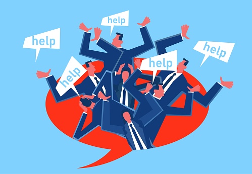 Shouting for help, seeking help in a crisis, rescue or business support, problems with safety and rescue, sales pitfalls, businessmen caught inside the speech bubble