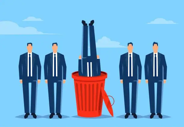 Vector illustration of Black sheep, scum, layoffs or dismissal of underperforming employees, being discarded like garbage, standing in a row of businessmen one of whom is thrown into the garbage basket