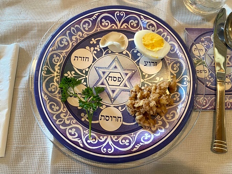 Traditional symbols of Jewish holiday - matzo, kippa, menorah