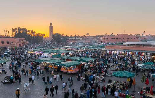 Marrakesh, 01/01/2023: Jamaa el Fna market square, Marrakesh, Morocco, North Africa. Jemaa el-Fnaa, Djema el-Fna or Djemaa el-Fnaa is a famous square and market in the medina quarter of Marrakech.