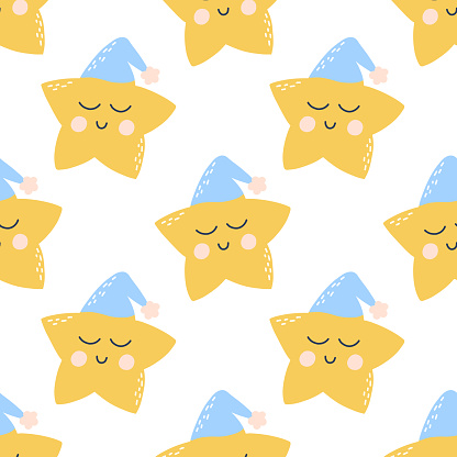 Childish seamless pattern with a cute star. Pattern for childrens pajamas. Wallpaper with a star in a nightcap. Vector illustration. Hand drawn illustration in scandinavian style.